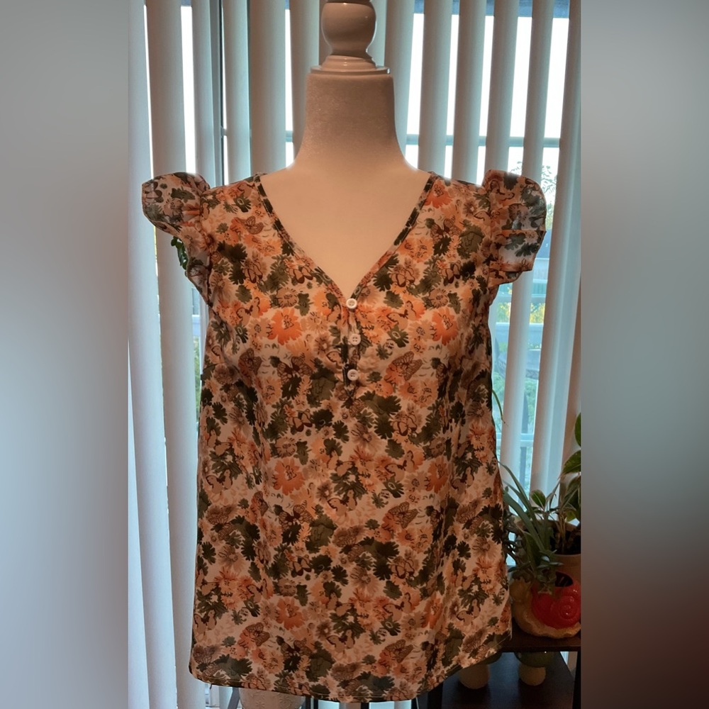 SHEIN Floral Puff Sleeve Blouse - Orange and Green